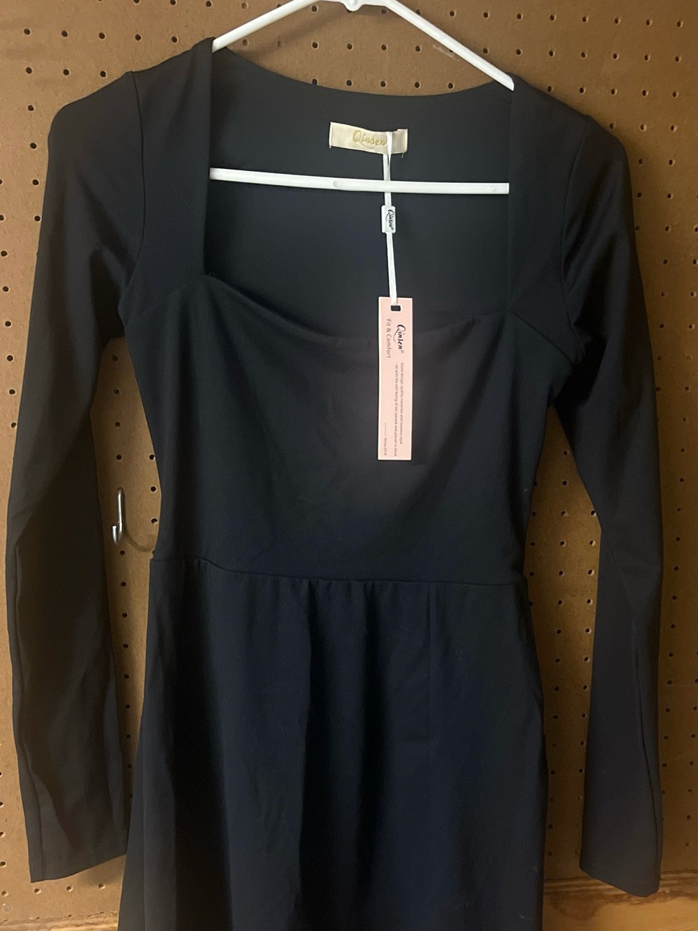 NWT Qinsen Square Neck Long Sleeve Mini Dress Side Slit – Black